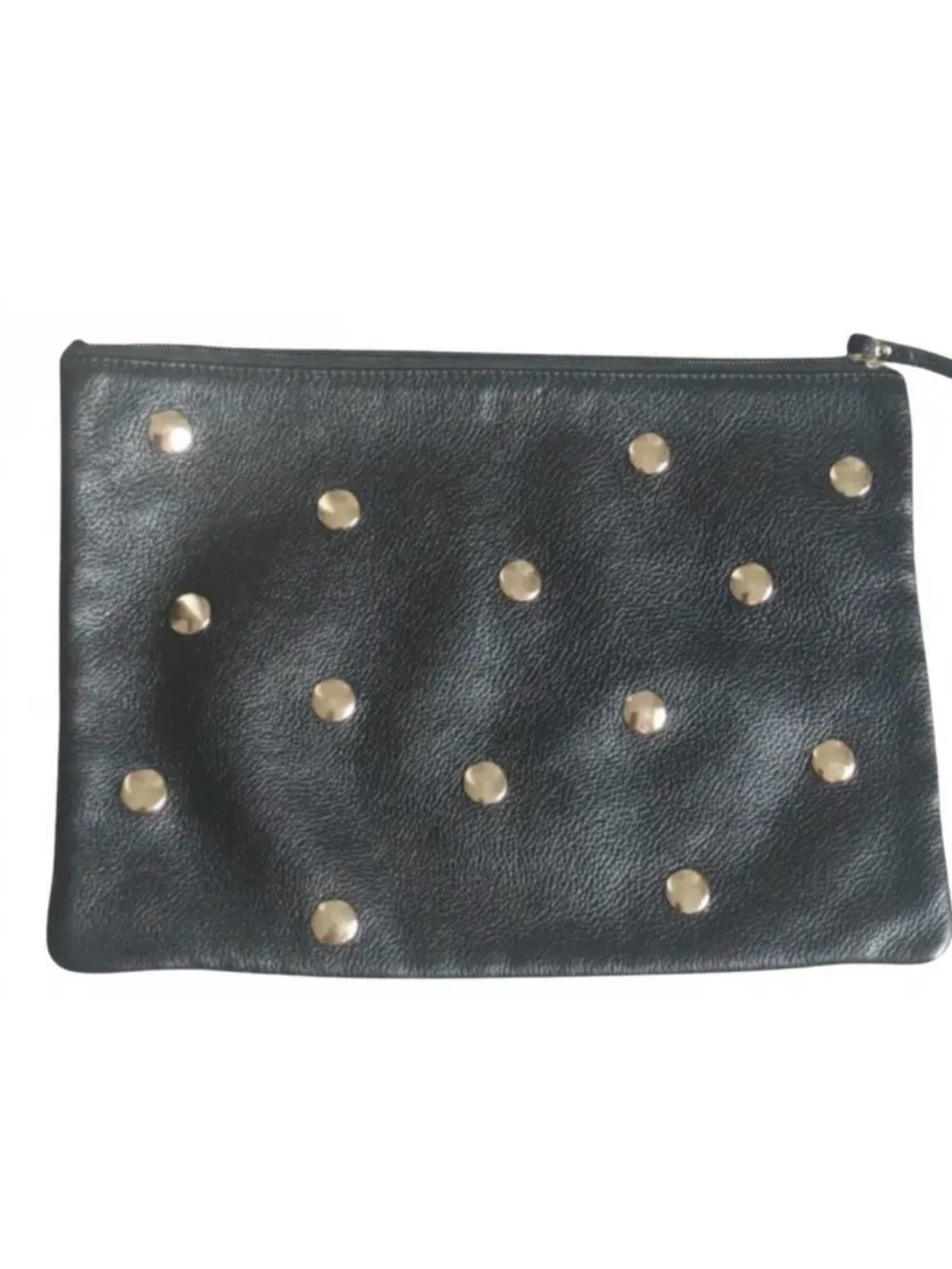 Coccinelle Black leather Large Clutch Bag. Leather Zip Clutch - Gold Accents